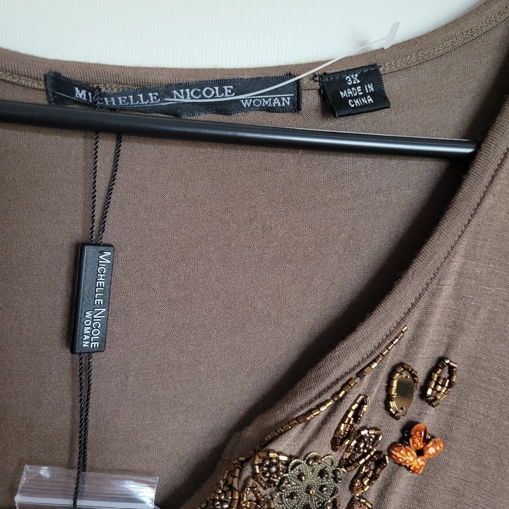 Michelle Nicole Women's Brown Long Sleeve Bead Embellished Top Size 3X NWT - Picture 5 of 7
